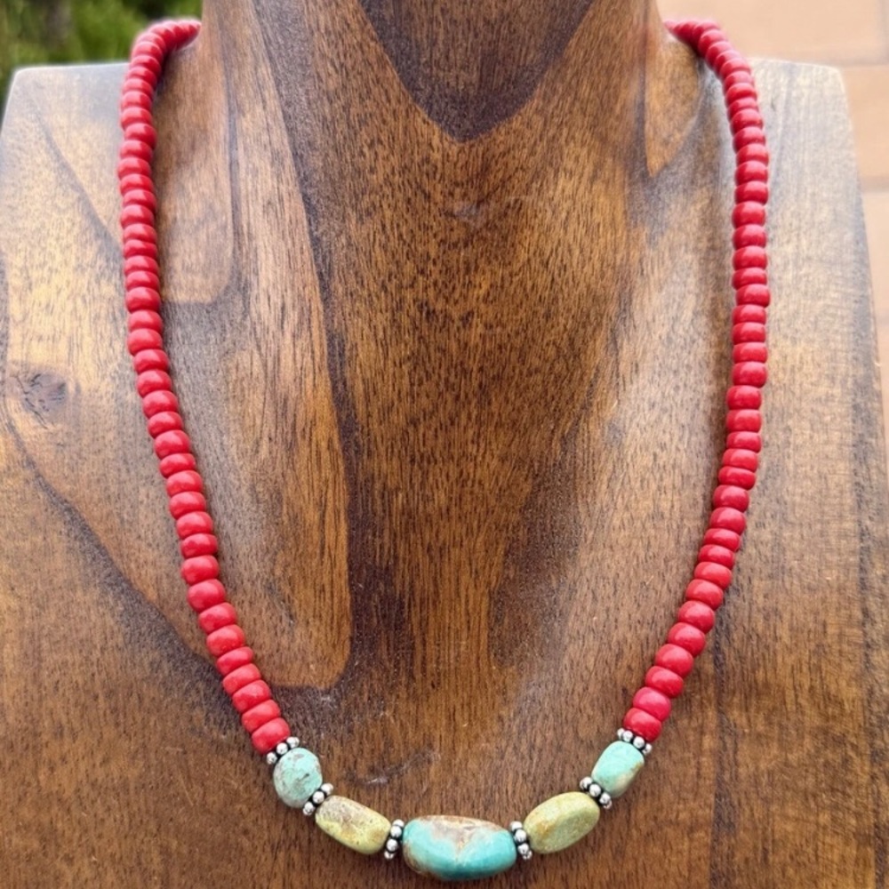 Sterling Silver Red Coral Turquoise Nuggets Bead Necklace 18 inch